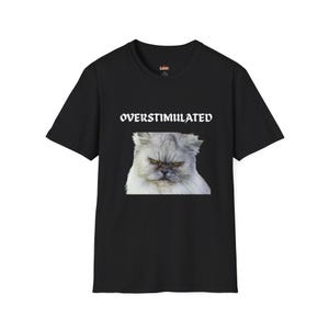 Peut inclure: Un t-shirt noir à manches courtes orné d'un graphique représentant un chat gris à poils longs à l'air grincheux. Au-dessus de l'image du chat, le mot OVERSTIMULATED est imprimé dans une police blanche stylisée. Col rond et coupe droite.