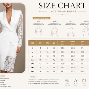May include: A white wrap dress with long lace sleeves and a deep V-neckline, displayed alongside a size chart titled SIZE CHART LACE WRAP DRESS. The chart provides measurements in inches for sizes S through 4XL, including bust, waist, hip, and length.