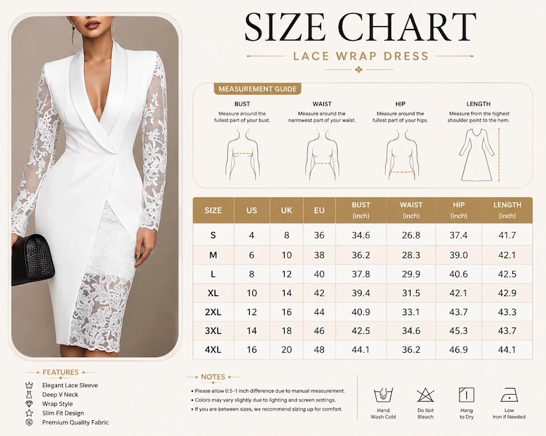 May include: A white wrap dress with long lace sleeves and a deep V-neckline, displayed alongside a size chart titled SIZE CHART LACE WRAP DRESS. The chart provides measurements in inches for sizes S through 4XL, including bust, waist, hip, and length.