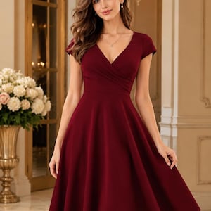 knee length wine dress Formal Burgundy Style:PF260100
