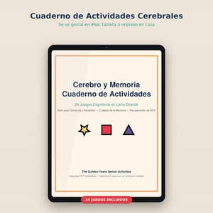 May include: A digital tablet displaying a brain activity workbook titled Cerebro y Memoria Cuaderno de Actividades. The screen features 24 cognitive games in large print, a yellow star, a red square, and a purple triangle, with text in Spanish.