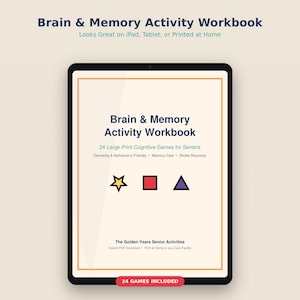 Puede incluir: Una tableta digital que muestra un libro de ejercicios para el cerebro y la memoria con 24 juegos cognitivos en letra grande. La pantalla muestra una estrella amarilla, un cuadrado rojo y un triángulo morado, con texto sobre actividades.