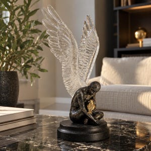 Winged Man Statue Clear Wings Bronze Sculpture Man With Owl Figurine Modern Angel Home Decor Art Piece Shelf Console Table Decor Unique Gift