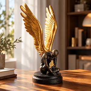 May include: A sculpture of a seated figure with large, textured gold wings extending upward. The figure has a dark, mottled finish and holds a small, solid gold bird in its hands. The entire piece is mounted on a circular black base.