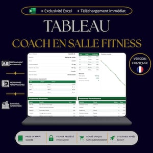 Peut inclure: Un tableau de bord numérique pour coach sportif affiché sur un écran d'ordinateur, comprenant des sections pour les données clients, les mesures corporelles, les plans alimentaires et les programmes d'entraînement avec des graphiques.