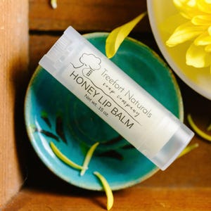 Peut inclure: Un tube transparent de baume à lèvres au miel Treefort Naturals, posé sur une assiette en céramique turquoise. Le tube de baume à lèvres porte une étiquette blanche avec du texte noir et un logo d'arbre. Des pétales de fleurs jaunes sont éparpillés.