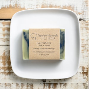 May include: A bar of natural plant-based soap on a white square plate. The soap is green and blue with a brown paper label that reads "Saltwater Lime + Aloe" and "Treefort Naturals Soap Company". The soap weighs 4.5 oz / 128 g.
