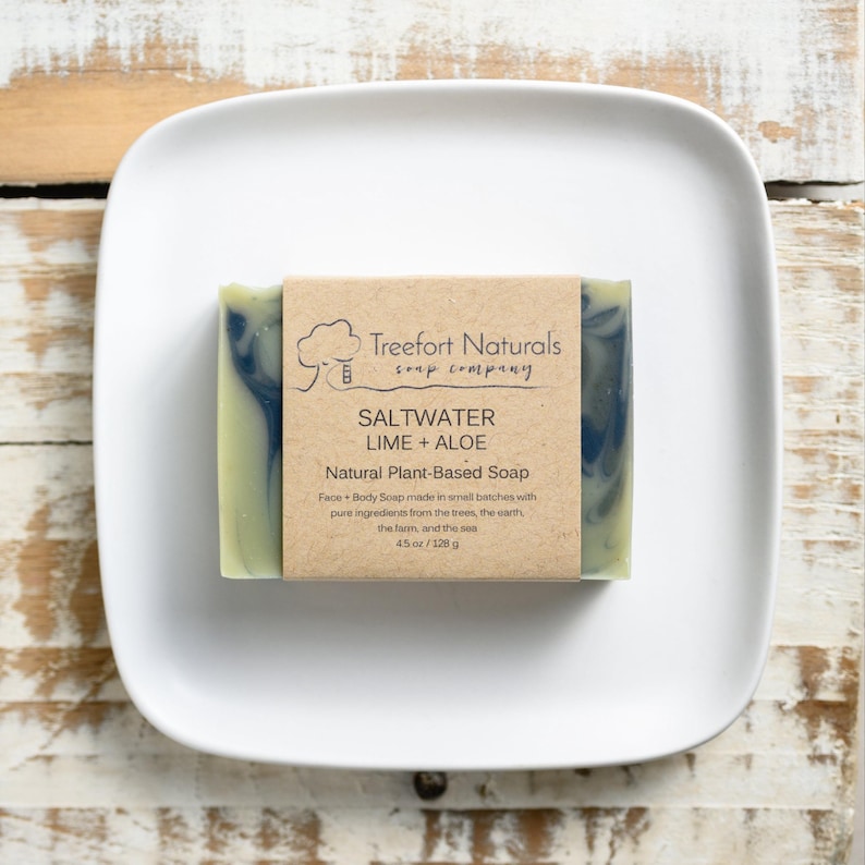 May include: A bar of natural plant-based soap on a white square plate. The soap is green and blue with a brown paper label that reads "Saltwater Lime + Aloe" and "Treefort Naturals Soap Company". The soap weighs 4.5 oz / 128 g.