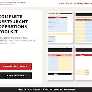 May include: A digital restaurant operations toolkit featuring seven systems and twenty-seven customer files. The document includes spreadsheets for daily operations, inventory, labor, sales, recipe costing, and menu pricing in Excel, PDF, and Word formats.