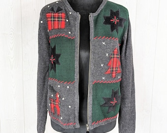 Vintage Christmas Sweater Zipper Cardigan Women's Size Medium Crazy Horse by Liz Claiborne