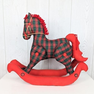 Handmade Stuffed Rocking Horse Christmas Decoration Red Green and Gold Figurine