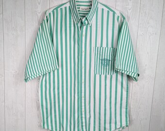 Vintage Bugle Boy Men's Shirt Size Large Short Sleeve Button Up Green and White Striped