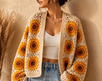 Sunflower Granny Square Cardigan, Crochet Floral Patchwork Jacket, Boho Coat, Handmade Sunflower Sweater, Vintage Style Crochet Cardigan