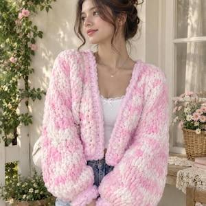 Pink Bubble Knit Cardigan, Chunky Pom Yarn Cropped Cardigan, Cloud Sweater Jacket, Marled White Cardigan, Handmade Textured Cardigan