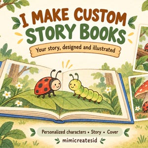 May include: An open book featuring a watercolour illustration of a ladybird and a caterpillar on a leaf. The text reads I MAKE CUSTOM STORY BOOKS, Your story, designed and illustrated, Personalized characters • Story • Cover, and mimicreatesid.
