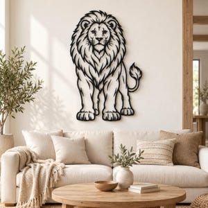 May include: A black metal wall art piece shaped like a standing lion with a full mane and a long tail. The lion is depicted in a stylized, linear design with bold outlines, showing the animal facing forward in a stationary, upright position.