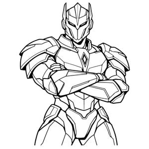 Puede incluir: Una ilustración de arte lineal en blanco y negro de una figura robótica con armadura segmentada. La figura tiene un casco puntiagudo con protuberancias similares a orejas, una placa pectoral con un emblema central en forma de diamante.