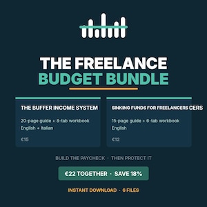 Può includere: Un grafico digitale blu scuro intitolato THE FREELANCE BUDGET BUNDLE con un'icona a barre. Elenca The Buffer Income System con una guida di 20 pagine e una cartella di lavoro a 8 schede, e Sinking Funds For Freelancers Cers con una guida di 15 pagine.