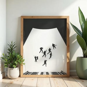 Paratrooper Jump Poster, Airborne Military Wall Art, Black and White Aircraft Drop Print, Veteran Gift Digital Download