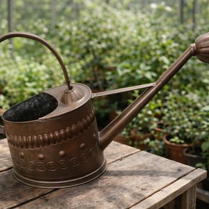 May include: A metallic bronze-coloured watering can featuring a long, slender spout with a detachable rose head, a curved handle, and a cylindrical body decorated with embossed horizontal bands of repeating circular and scalloped patterns.