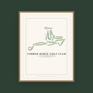 May include: A framed print featuring a map of the Timber Ridge Golf Club in East Lansing, Michigan. The design displays the course layout in green and blue on a cream background, with text detailing the architect, year, length, and par 72.