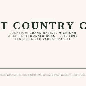 May include: A graphic print featuring dark green text on a cream background. The text reads T COUNTRY C, LOCATION: GRAND RAPIDS, MICHIGAN, ARCHITECT: DONALD ROSS, EST. 1896, LENGTH: 6,510 YARDS, PAR 71, and includes copyright information at the bottom.