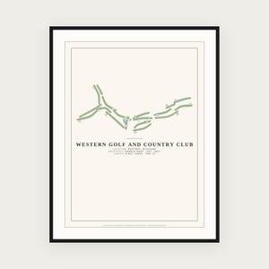 May include: A framed print featuring a minimalist map of the Western Golf and Country Club in Redford, Michigan. The design displays the golf course layout in green with numbered holes, text details including architect Donald Ross, 1927, and 6,853 yards.
