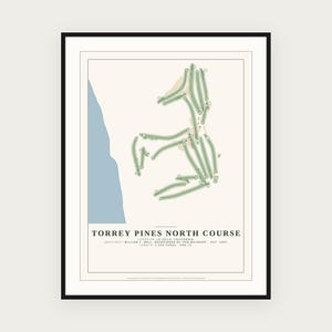 May include: A framed print featuring a map of the Torrey Pines North Course in La Jolla, California. The design includes a light blue coastline, green fairways, and text detailing the architect, establishment year, length, and par 72.