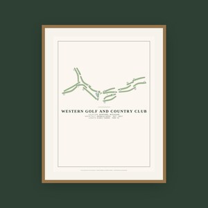 May include: A framed print featuring a minimalist map of the Western Golf and Country Club in Redford, Michigan. The design displays green fairways on a cream background with text detailing the architect Donald Ross, 1927, 6,855 yards, and par 72.