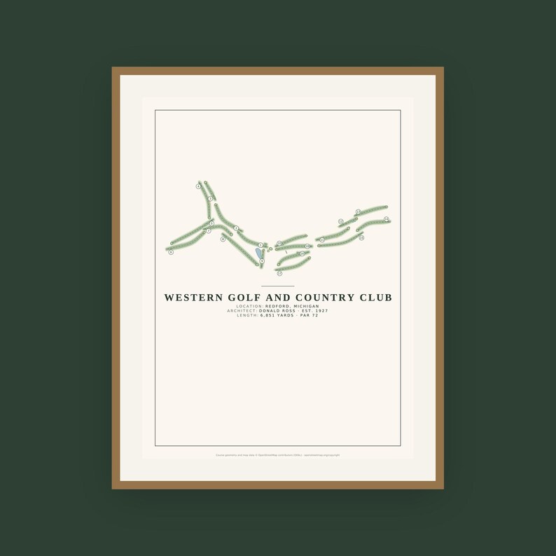 May include: A framed print featuring a minimalist map of the Western Golf and Country Club in Redford, Michigan. The design displays green fairways on a cream background with text detailing the architect Donald Ross, 1927, 6,855 yards, and par 72.
