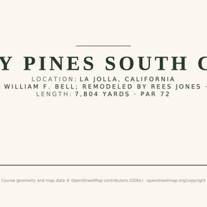 May include: A graphic print featuring the text Torrey Pines South Course, Location: La Jolla, California, William F. Bell; Remodeled by Rees Jones, Length: 7,804 yards, Par 72, and Course geometry and map data OpenStreetMap contributors.