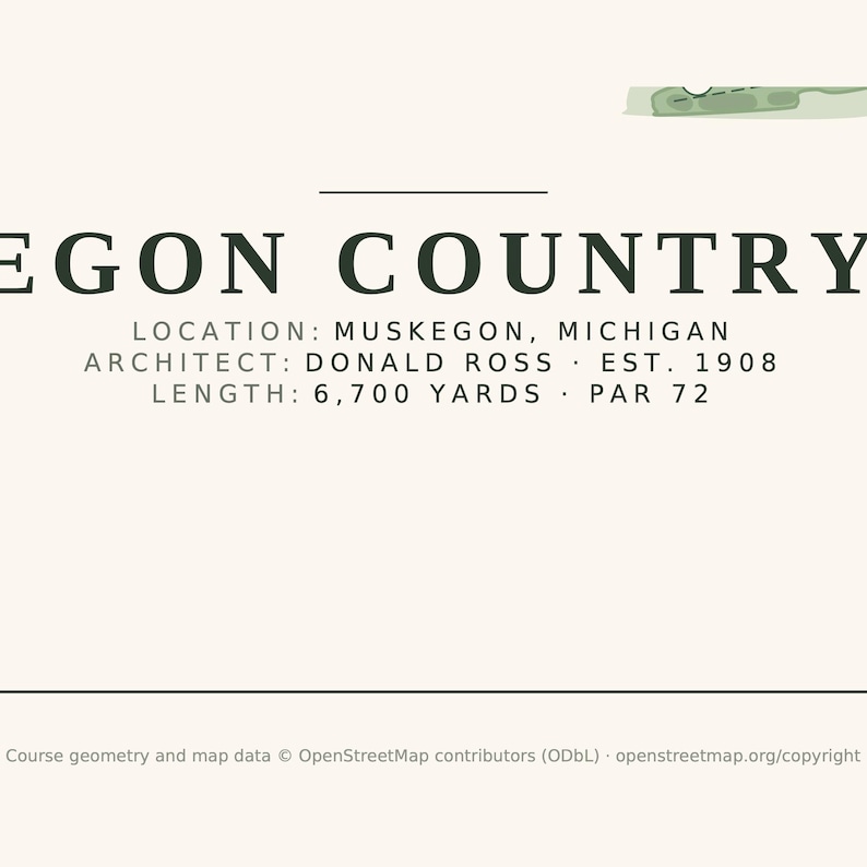 May include: A graphic print featuring the text EGON COUNTRY, LOCATION: MUSKEGON, MICHIGAN, ARCHITECT: DONALD ROSS, EST. 1908, LENGTH: 6,700 YARDS, PAR 72. A small green map illustration is at the top right, with copyright text at the bottom.