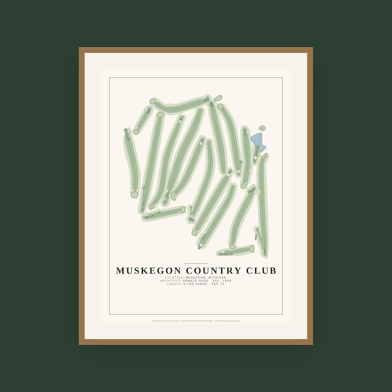 May include: A framed print of the Muskegon Country Club golf course layout on a cream background. The map features green fairways and a blue water hazard. Text includes the club name, location, architect Donald Ross, 1908, and 6,706 yards.