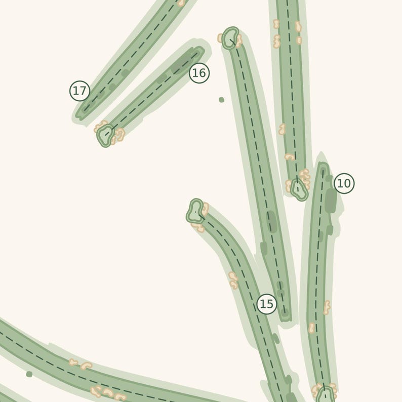 May include: A top-down map illustration of a golf course layout featuring several fairways in light green with dashed center lines. Numbered circular markers 10, 15, 16, and 17 identify specific holes, surrounded by small tan sand bunkers.