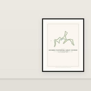 May include: A framed print featuring a minimalist map of the Ozarks National Golf Course in Hollister, Missouri. The design displays the course layout in light green with blue water features on a cream background, including text details.