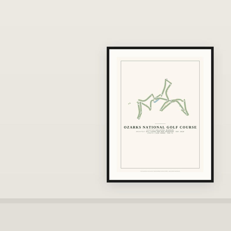 May include: A framed print featuring a minimalist map of the Ozarks National Golf Course in Hollister, Missouri. The design displays the course layout in light green with blue water features on a cream background, including text details.