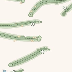 May include: A digital map illustration featuring several elongated, light green shapes representing golf course fairways. Each fairway is marked with a dashed centre line and a numbered circular icon, including the numbers 6, 8, 14, and 15.
