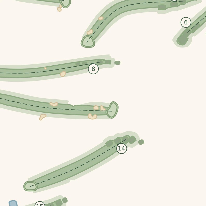 May include: A digital map illustration featuring several elongated, light green shapes representing golf course fairways. Each fairway is marked with a dashed centre line and a numbered circular icon, including the numbers 6, 8, 14, and 15.