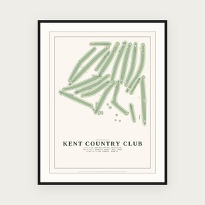 May include: A framed print featuring a top-down map of the Kent Country Club golf course in light green on a cream background. Text includes the club name, location in Grand Rapids, Michigan, architect Donald Ross, est. 1896, and 6,513 yards, par 71.