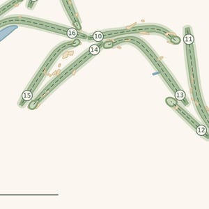 May include: A digital map illustration of a golf course layout featuring green fairways with dashed center lines and sand bunkers. Numbered circular markers from 10 to 16 are placed along the paths to indicate specific hole locations.