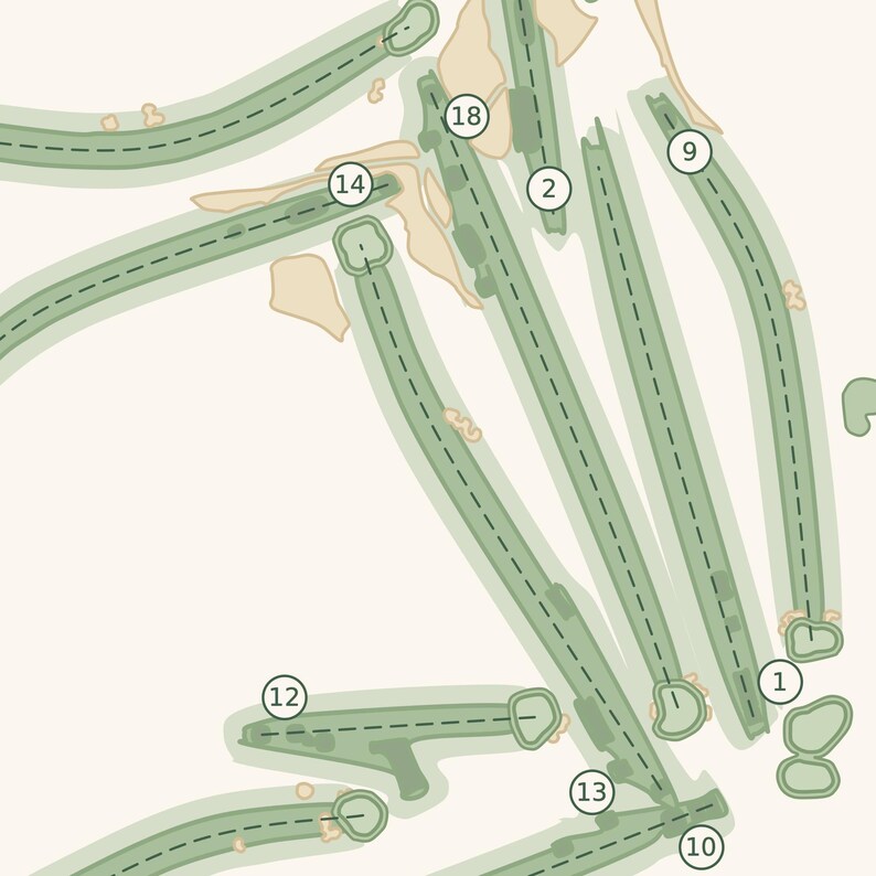 May include: A golf course map illustration featuring numbered fairways and greens in shades of green and tan. The layout includes paths marked with dashed lines and circular markers labeled 1, 2, 9, 10, 12, 13, 14, and 18, showing the course design.
