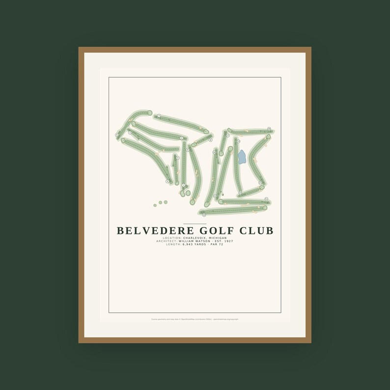 May include: A framed print of the Belvedere Golf Club course layout in Charlevoix, Michigan. The design features green fairways on a cream background with black text detailing the architect William Watson, 1927 establishment, and 6,943 yards.