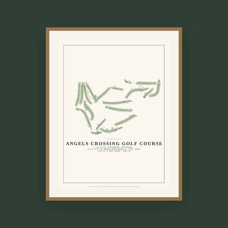 May include: A framed print featuring a top-down map of the Angels Crossing Golf Course in Vicksburg, Michigan. The design includes green fairways, sand traps, and text detailing the architect, establishment year, length of 7,158 yards, and par 72.