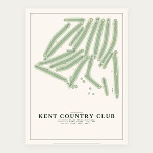 May include: A golf course map print of Kent Country Club in Grand Rapids, Michigan. The design features a light green layout of fairways and greens on a cream background, with text stating: KENT COUNTRY CLUB, LOCATION: GRAND RAPIDS, MICHIGAN, ARCHITECT: DONALD ROSS, EST. 1898, LENGTH: 6,510 YARDS, PAR 71.
