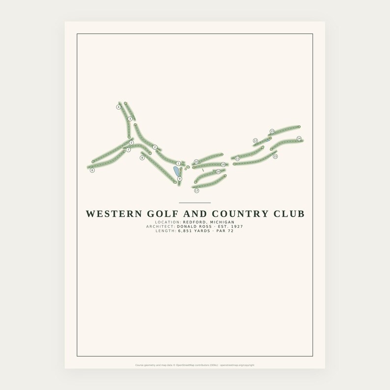 May include: A framed print of the Western Golf and Country Club course map in Redford, Michigan. The design features a green layout of holes, text stating the architect Donald Ross, established 1927, length 6,851 yards, and par 72.