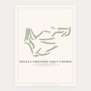 May include: A minimalist print of the Angels Crossing Golf Course layout in Vicksburg, Michigan. The design features green fairways on a cream background with text detailing the architect W. Bruce Matthews III, established 2004, and 7,156 yards.