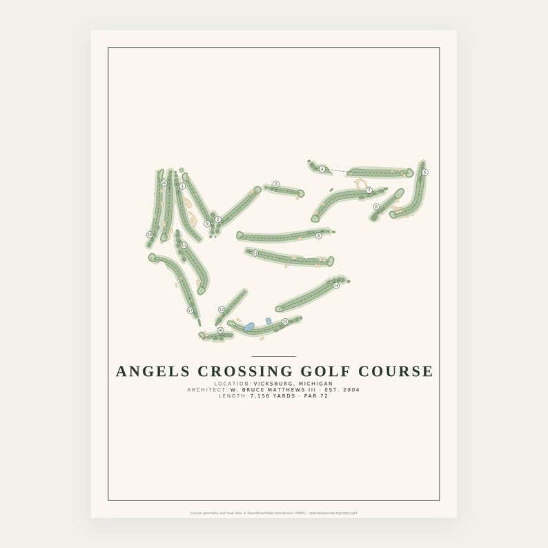 May include: A minimalist print of the Angels Crossing Golf Course layout in Vicksburg, Michigan. The design features green fairways on a cream background with text detailing the architect W. Bruce Matthews III, established 2004, and 7,156 yards.