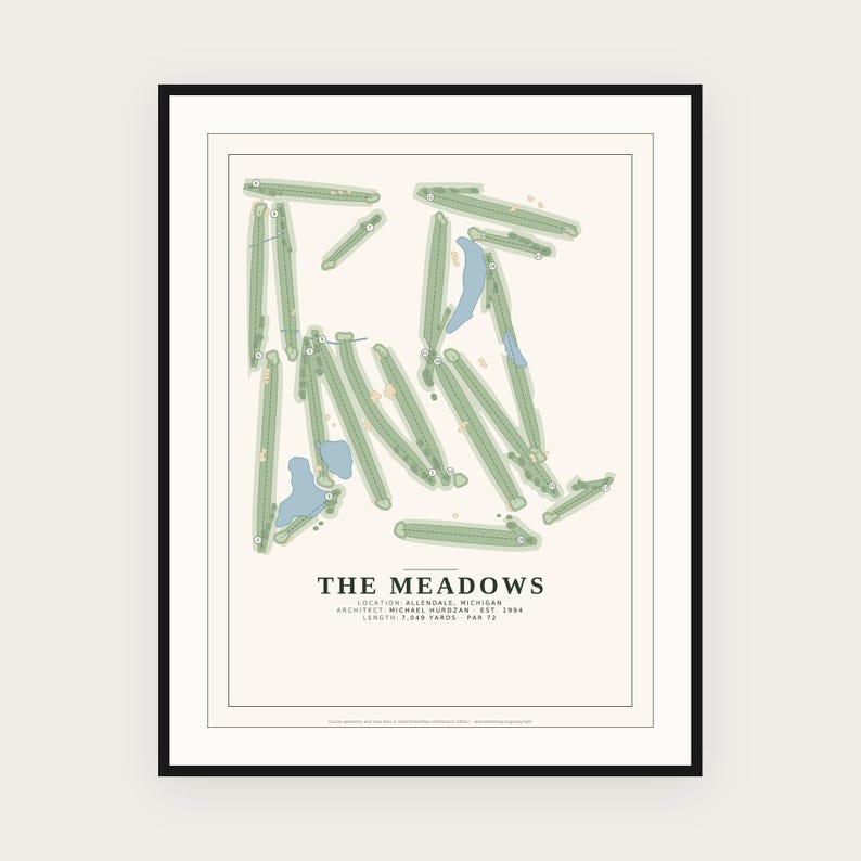 Op de afbeelding: Een ingelijste print met een plattegrond van een golfbaan genaamd THE MEADOWS, gelegen in Allendale, Michigan. Het ontwerp bevat groene fairways, blauwe waterhindernissen en tekst met details over architect Michael Hurdzan, 1994, 7.049 yards lengte en par 72.