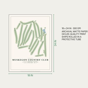 May include: A 18 x 24 inch archival matte paper giclee-quality print featuring a golf course layout of Muskegon Country Club. The design includes a light green map of the course on a cream background with black text detailing the location, architect, establishment year, length, and par.