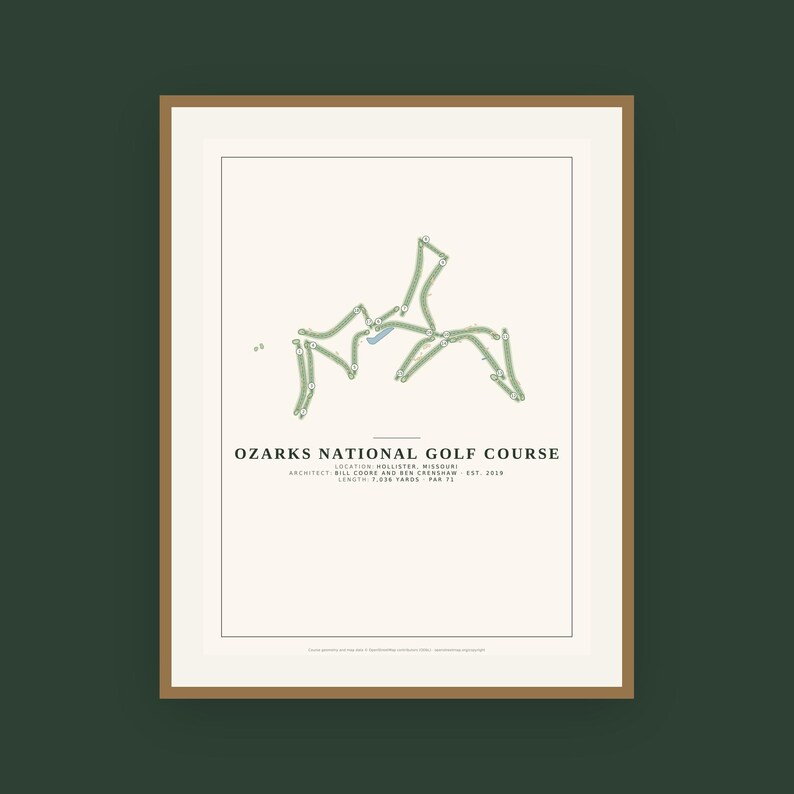 May include: A framed print of the Ozarks National Golf Course layout, featuring a green course map on a cream background. Text includes the course name, location in Hollister, Missouri, architects Bill Coore and Ben Crenshaw, 2019 est., and 7,036 yards par 71.